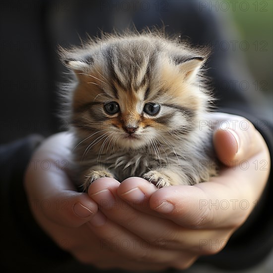 Cute young kitten where held lovingly by two hands