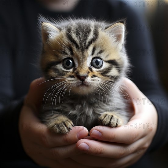 Cute young kitten where held lovingly by two hands