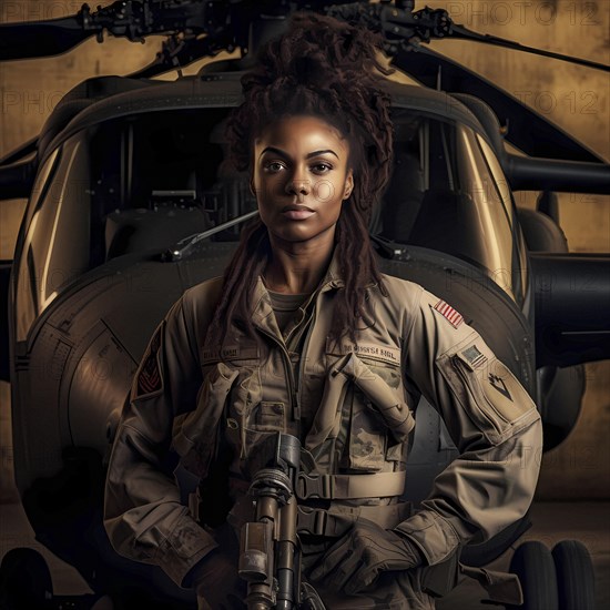 Young proud pilot stands in front of a combat helicopter