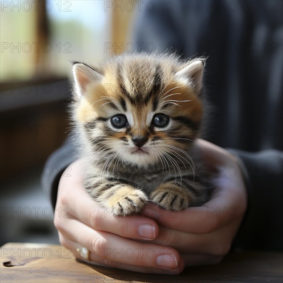 Cute young kitten where held lovingly by two hands