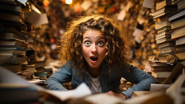 Young girl student sitting stunned and overwhelmed amidst a never ending pile of books and papers surrounding him