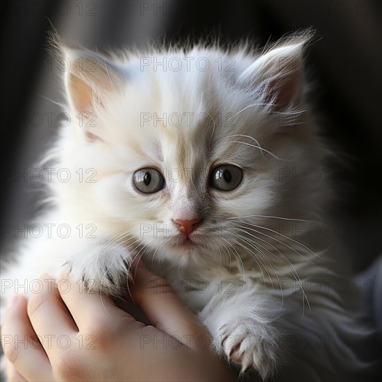 Cute young kitten where held lovingly by two hands