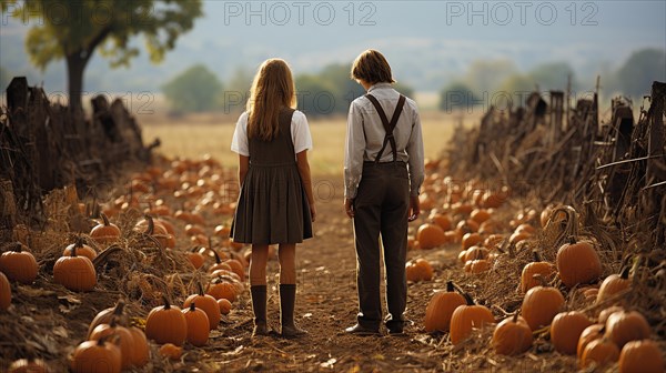 Mysterious and spooky girl and boy standing aimless amidst hundreds of small pumpkins in the field