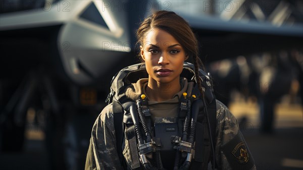 Female african american fighter pilot soldier stands outside her fighter jet