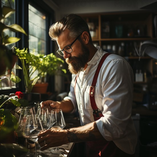 Father in the kitchen washing up plates and glasses