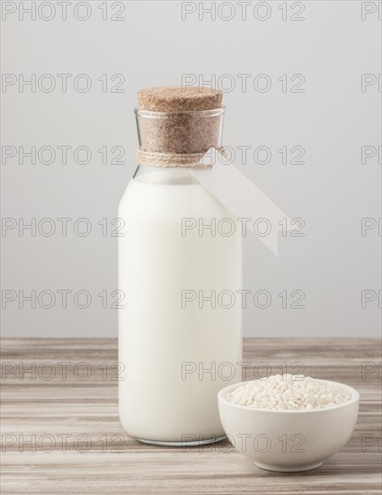 Front view milk bottle bowl rice