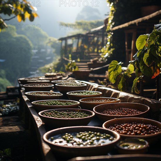 Coffee beans fresh and roasted Coffee beans on a plantation