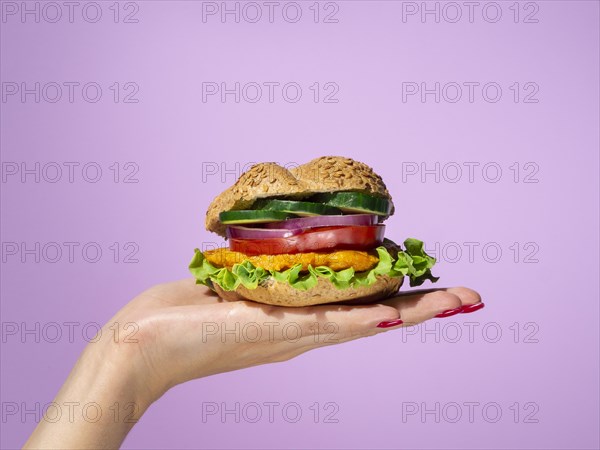 Woman holding tasty burger her palm