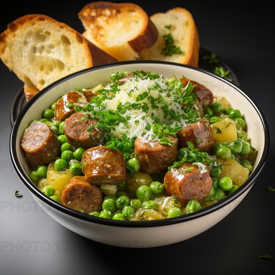 Pea soup with sausage and bread