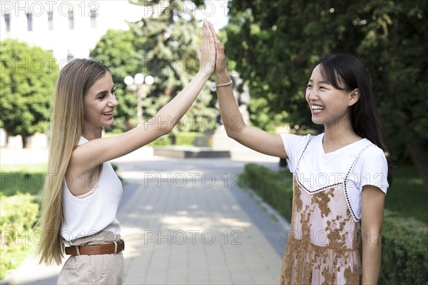 Diverse friends high fiving