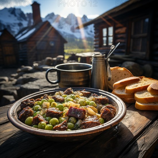 Pea soup with sausage and bread