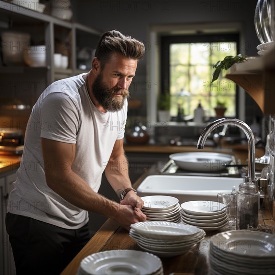 Father in the kitchen washing up plates and glasses