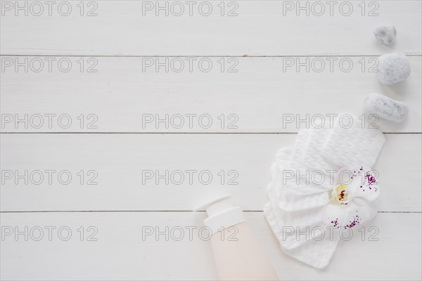 Lay out body care items white table