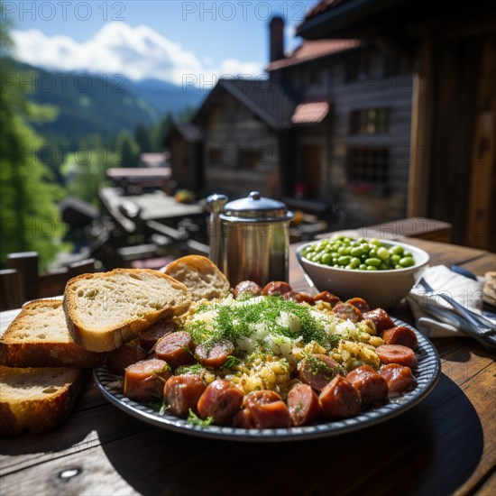 Pea soup with sausage and bread