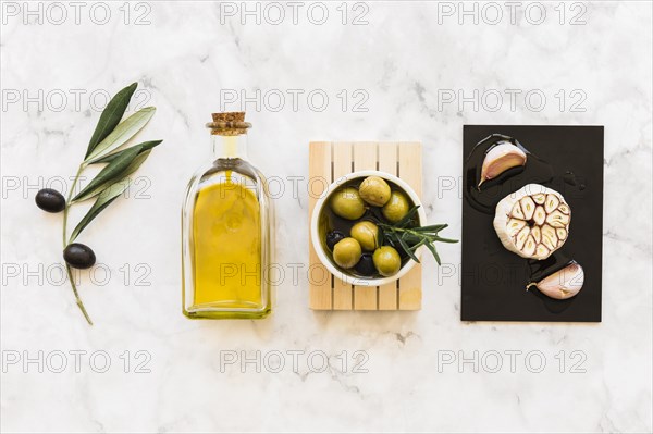 Olives with bottle garlic bulb cloves