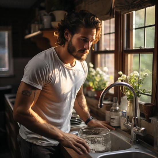 Father in the kitchen washing up plates and glasses