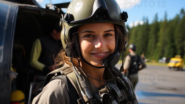 Female military helicopter pilot standing near her aircraft