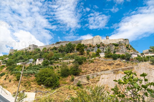 Views from below of the Ottoman castle fortress of Gjirokaster or Gjirokastra. Albanian