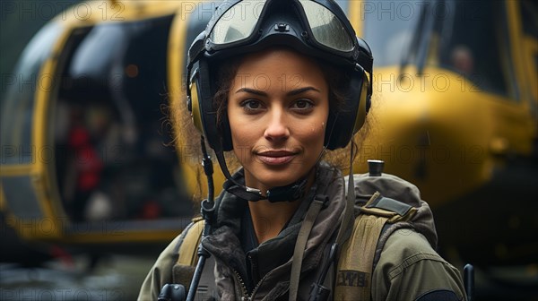 Female african american military helicopter pilot standing near her aircraft