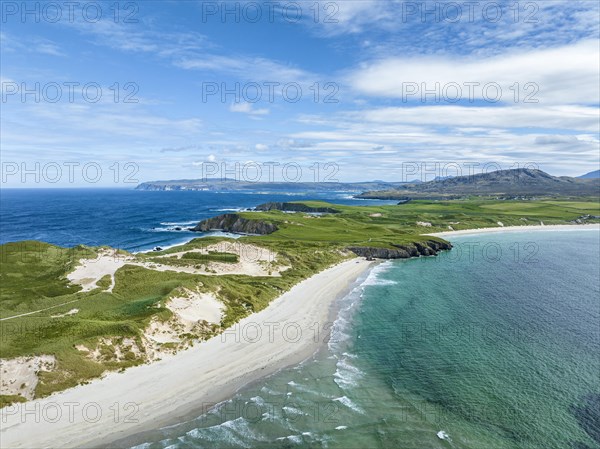 Aerial view of Faraid Head Peninsula and Balnakeil Beach with dunes and sandy beach