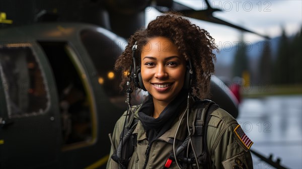 Female african american military helicopter pilot standing near her aircraft