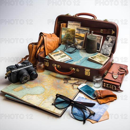 Travel preparation Packed old leather suitcase with photo