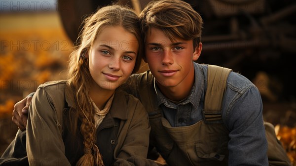 Cute teenaged couple enjoying a fall gathering on the country farm with friends