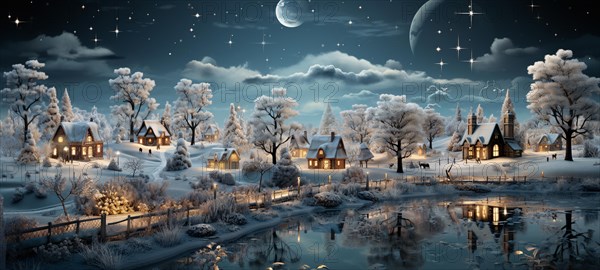 Miniature holiday christmas decorated town and snowy village scene banner. generative AI