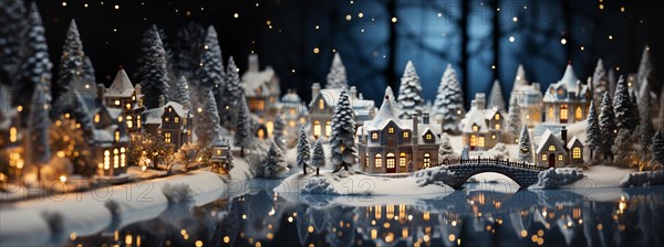 Miniature holiday christmas decorated town and snowy village scene banner. generative AI