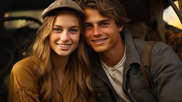 Cute teenaged couple enjoying a fall gathering on the country farm with friends