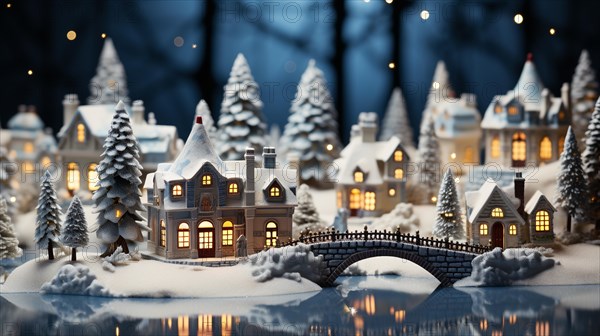 Miniature holiday christmas decorated town and snowy village scene. generative AI