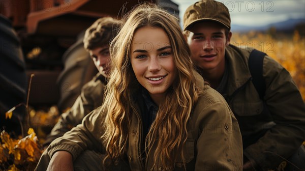 Cute teenaged couple enjoying a fall gathering on the country farm with friends