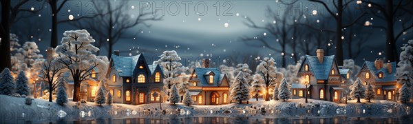 Miniature holiday christmas decorated town and snowy village scene banner. generative AI