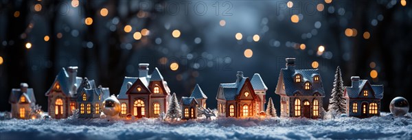 Miniature holiday christmas decorated town and snowy village scene banner. generative AI