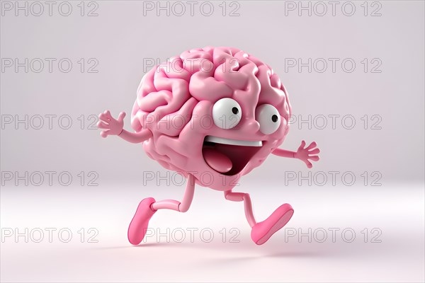 AI generated illustration of a human brain with a happy facial expression running around. AI generated
