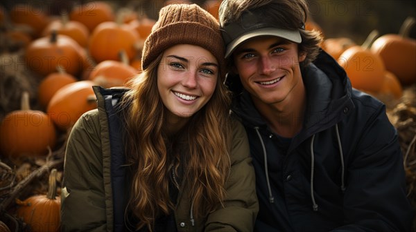 Cute teenaged couple enjoying a fall gathering on the country farm with friends