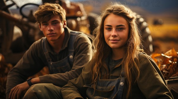 Cute teenaged couple enjoying a fall gathering on the country farm with friends