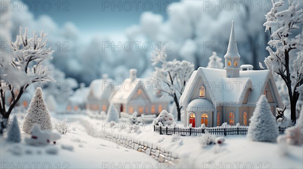 Miniature holiday christmas decorated town and snowy village scene. generative AI