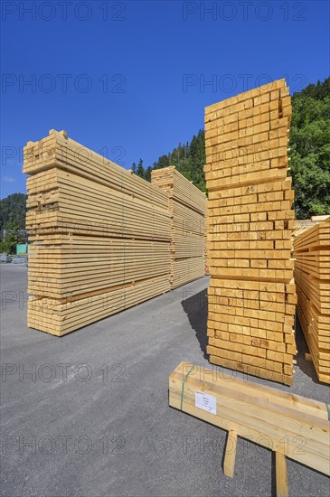 Stacks of beams and boards in a sawmill