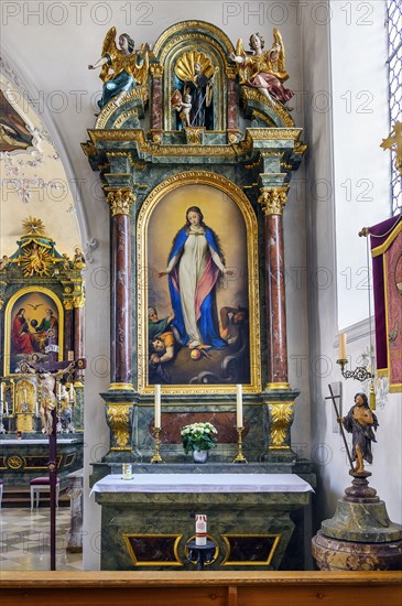 Side altar with image of Mary and baptismal font