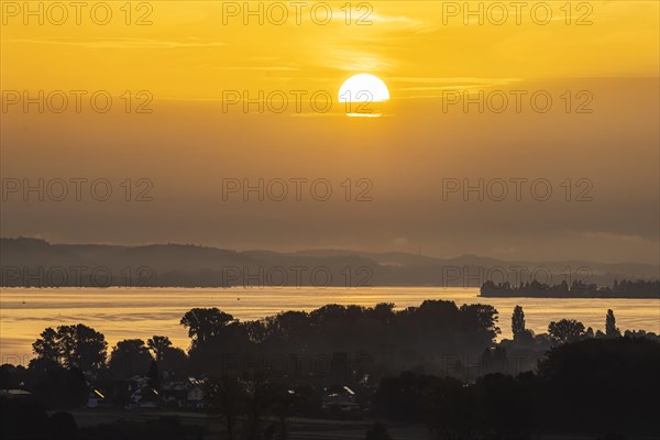 Sunrise at Lake Constance nature reserve Zeller Aachried with autumn fog
