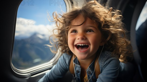 Young girl child enjoying an airplane flight. generative AI