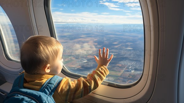 Young child enjoying an airplane flight. generative AI
