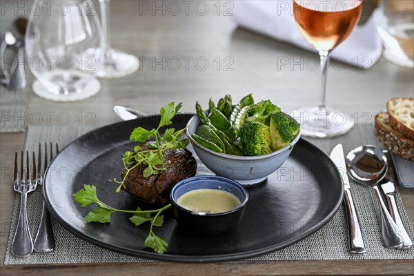 Grilled beef steak in a restaurant