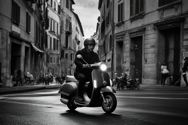 Person driving scooter in Rome Italy at sunset traditional urban scene