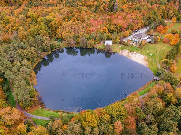 The leaves of the trees around the Hattsteinweiher pond near Usingen in the Taunus Mountains are beginning to turn autumnal yellow and orange.