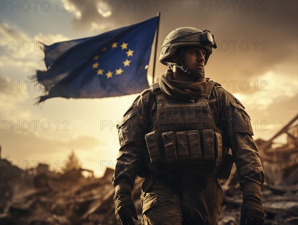 Flag of the European Union with soldiers