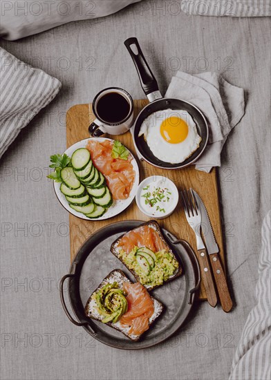 Top view breakfast sandwiches bed with fried egg toast