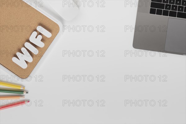 Top view desk with wifi characters