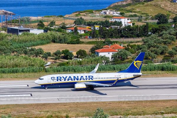 A Ryanair Boeing 737-800 aircraft with registration 9H-QEF at Skiathos Airport